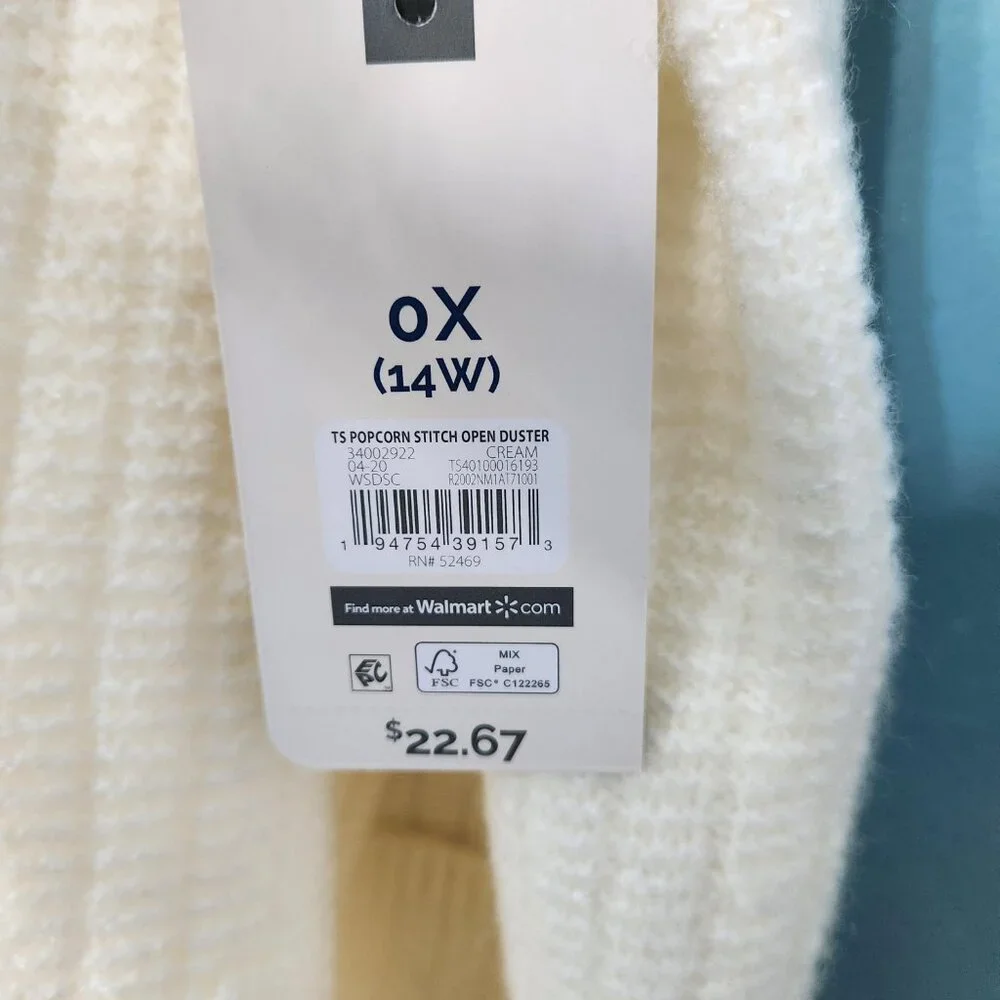 Terra Sky Popcorn Stitch Open Duster, Cream,  NWT - Picture 10 of 12